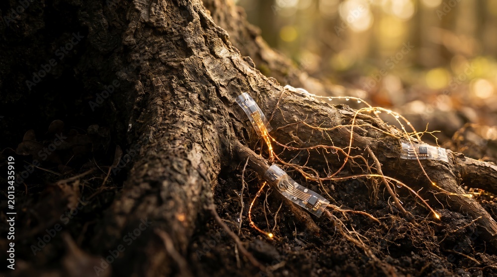 Fototapeta premium Tiny electronic sensors integrated into the roots of a tree illustrate the fusion of advanced modern technology with natural organic life in a forest environment