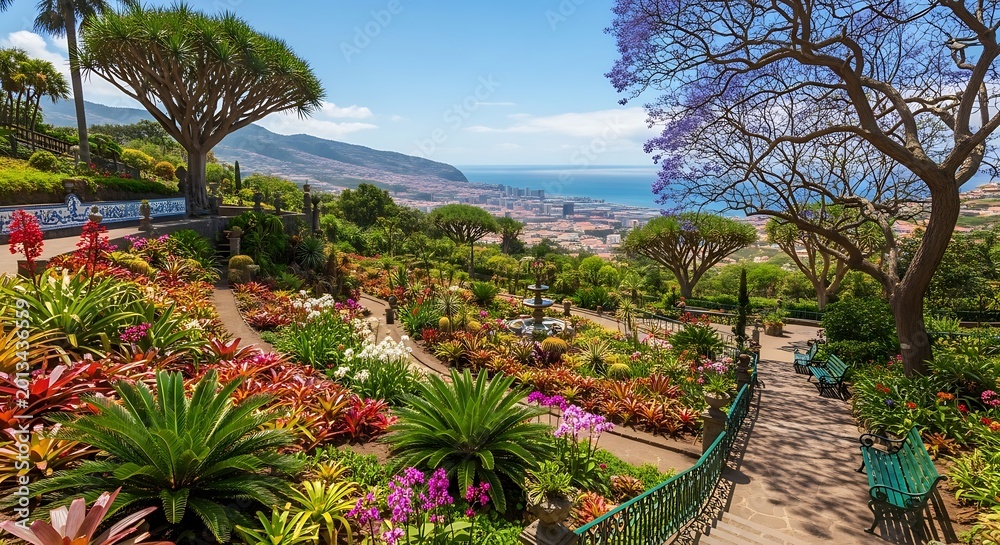 Fototapeta premium Colorful Tropical Garden Overlooking Coastal City and Ocean From Sunny Hillside