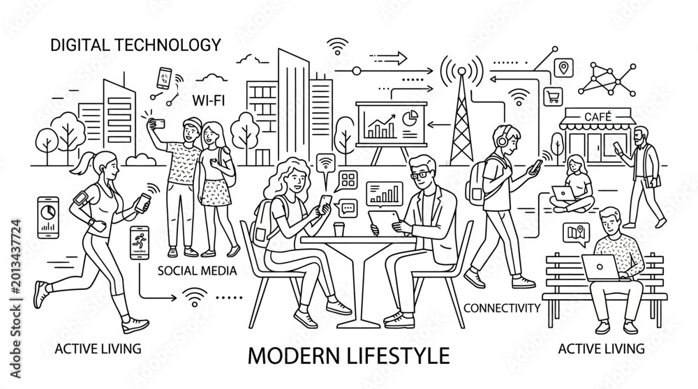 Obraz premium Line drawing illustration of people engaging in various modern lifestyle activities with digital technology and connectivity elements.