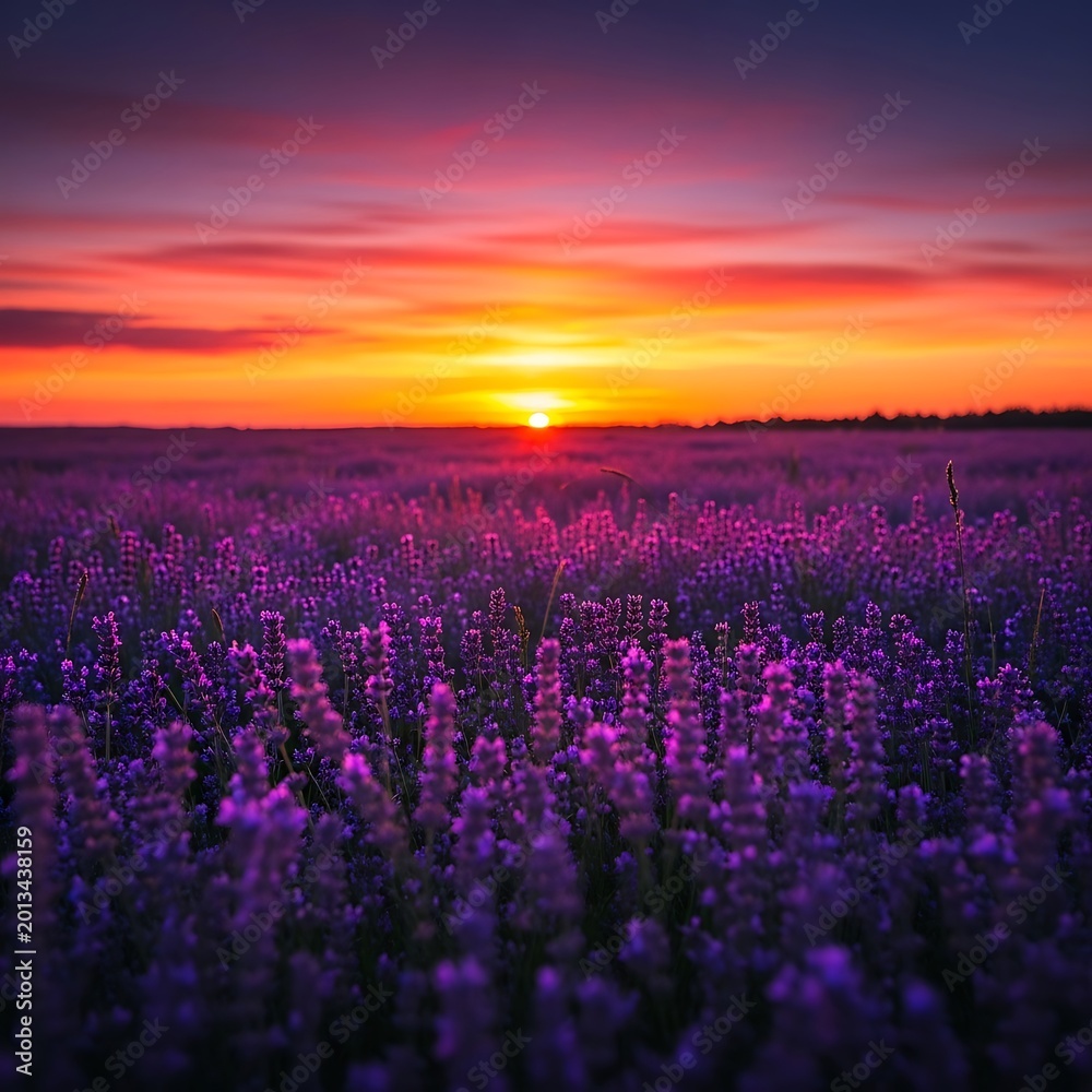 Obraz premium Vibrant Purple Lavender Field Glowing at Colorful Sunset in Open Countryside