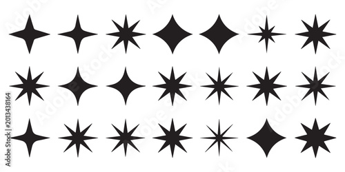 Foto Collection of star and sparkle icons in black silhouette for web and graphic design projects featuring diverse shapes for creative visual enhancement