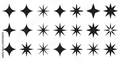 Tableau sur toile Set of black star and sparkle icons for graphic design and web elements providing diverse shapes for visual decoration and creative interface projects