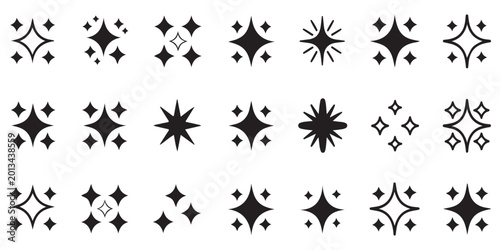 Photos Set of sparkling stars icons in flat vector style for web and ui design illustration with various shapes for creative decoration and graphic elements
