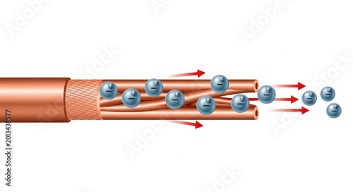 Photos Copper wire with flowing electrons and red arrows indicating direction