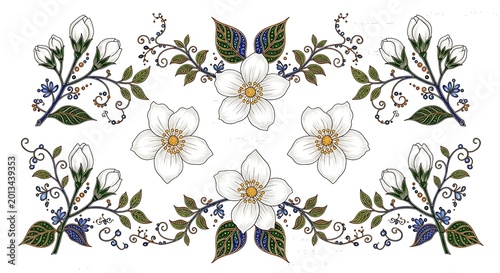 set of flowers and leaves