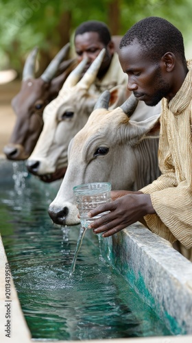 East African pastoralists guide cattle to a modern solar powered water well in a dry landscape showcasing community resilience and adaptation.