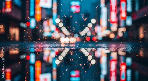 Blurred city lights reflected on wet pavement.