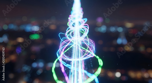 Light painting Christmas tree cityscape at night.
