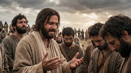 Jesus Christ teaching a group of followers on a hillside. Biblical scene featuring a man speaking to men about religion. Historical religious cinematic concept.