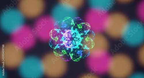 Vibrant multicolored glowing atom molecule.