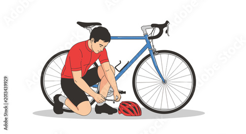 Bild auf Leinwand Man kneeling beside blue bicycle adjusting shoe.