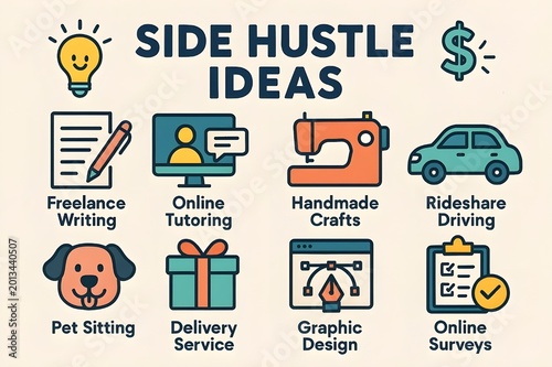 Side Hustle Ideas Infographic with Freelance Writing, Tutoring, Graphic Design, and Online Business Opportunities