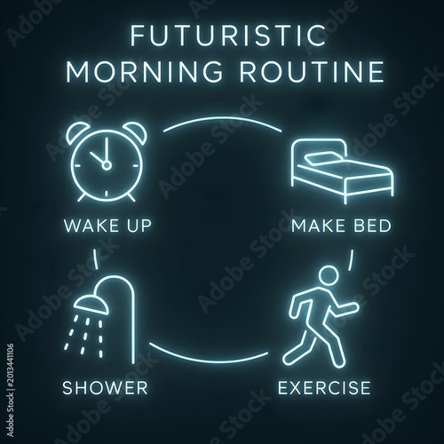 Futuristic Morning Routine Infographic with Neon Cyan Glowing Icons for Productivity, Daily Habits Cycle with Wake Up, Make Bed, Exercise, and Shower