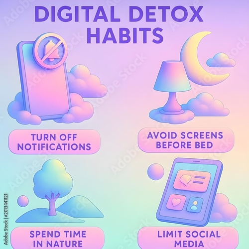 Digital Detox Habits Concept with Pastel 3D Icons, Social Media Limitation, Nature Time, and Avoiding Screens Before Bed for Mental Wellness