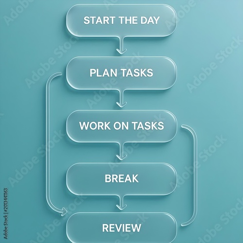 Glassmorphism Daily Workflow Flowchart on Teal Background, Business Task Planning Process with Start, Plan, Work, Break and Review Steps