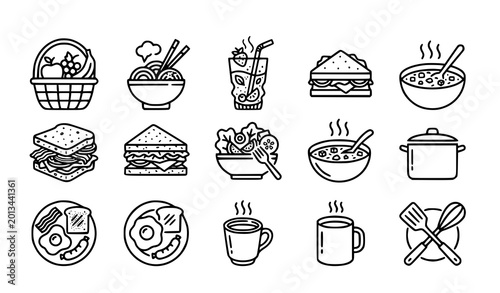 Photos Meal and food line icon set vector with noodles smoothies and fruit basket isola