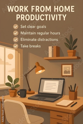 Work From Home Productivity Tips Concept Illustration, Cozy Home Office Setup with Checklist for Goals, Schedule, and Focus