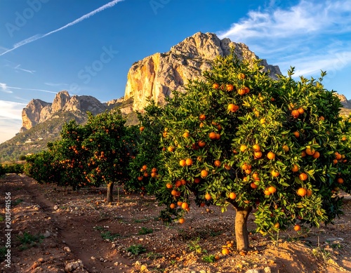 Ripe Orange Trees In A Scenic Vibrant Style With Orange And Green Colors In A Mediterranean Orchard With Large Rocky Mountains In The Background
