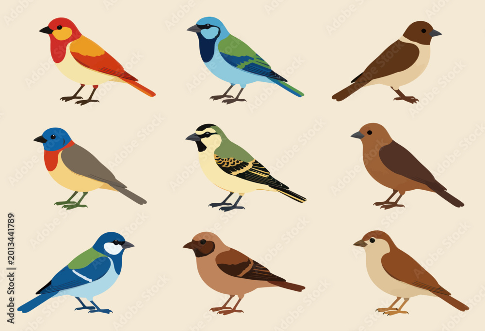 Fototapeta premium Collection of Stylized Cartoon Birds in Various Poses and Colors