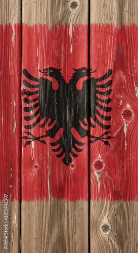 Weathered Albanian Flag Painted on Rustic Wooden Plank Background