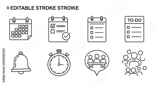 Black Editable Stroke Schedule and Planning Icons Arranged on White Background