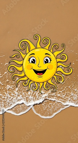 Cheerful Cartoon Sun Floating Above Ocean Foam on Sandy Beach