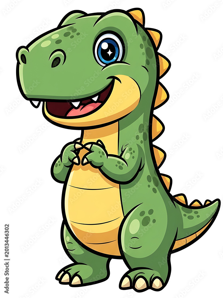 Fototapeta premium Smiling cartoon dinosaur with orange spikes on back and belly