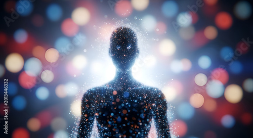 Human silhouette with glowing particles background.