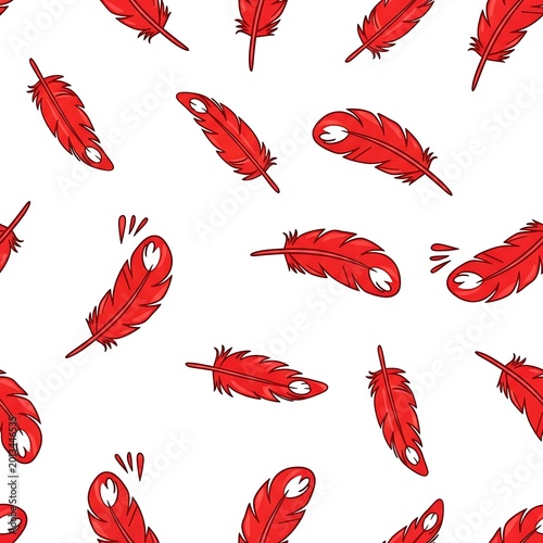 Red Cartoon Feathers Scattered in Seamless Pattern on White Background