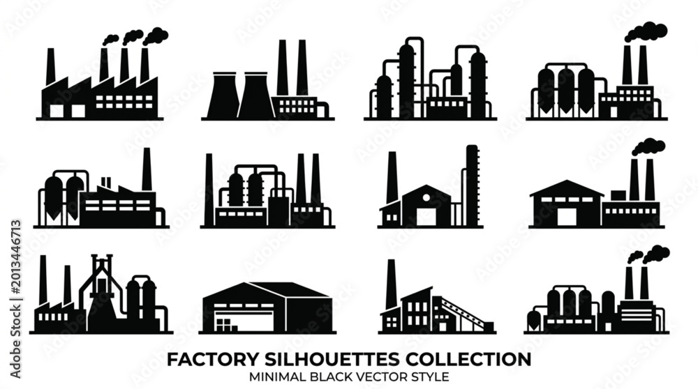 Fototapeta premium Industrial factory building silhouettes collection.