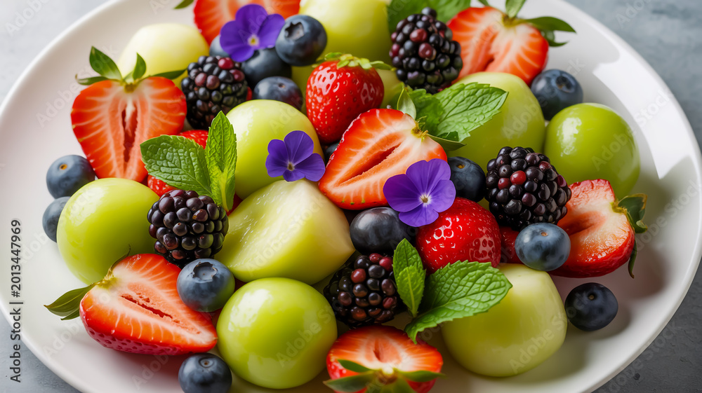 Obraz premium Fresh Fruit Salad on a White Plate with Green Apples and Berries on a Marble Surface