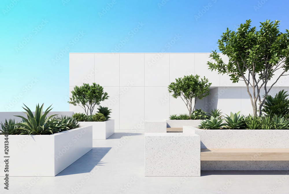 Fototapeta premium Modern rooftop garden with green plants against a blue sky