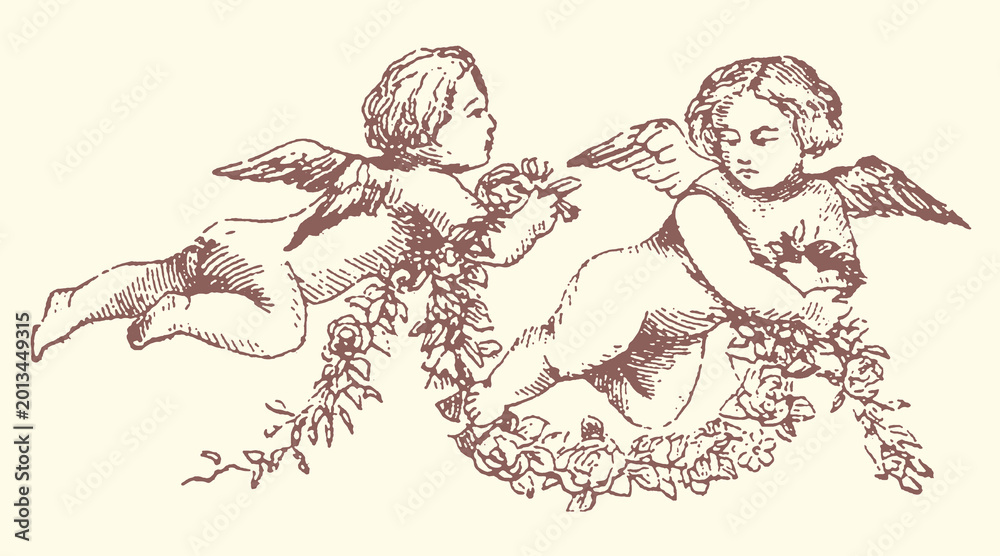 Obraz premium Two cherubs with wings and laurel garland line art hand drawn decoration ornament illustration classical mythology childhood innocence celebration valentine botanical historical stylized