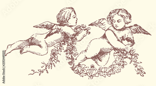 Tableau sur toile Two cherubs with wings and laurel garland line art hand drawn decoration ornamen