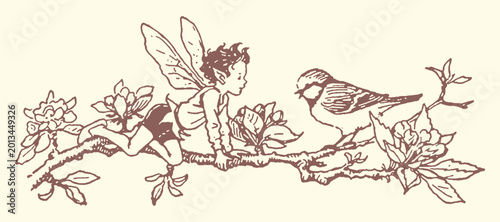 Foto Fairy with wings sitting on a branch with a bird line art hand drawn illustratio