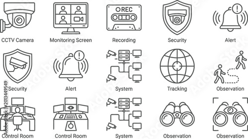Outline Icon Set: Security, Surveillance, and Monitoring Technology Concepts