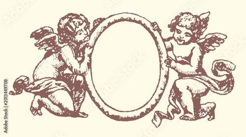 Quadro su tela Antique illustration of two cherubs holding an oval frame with baby angel vintag