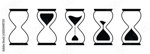 Hourglass timer icon set, sand clock countdown time deadline symbol. Hourglass icon set featuring sand clocks with varying frames and sand levels. Hourglass shapes illustrating time passage. Eps10
