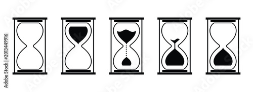 Hourglass icon set featuring sand clocks with varying frames and sand levels, multiple hourglass shapes. Hourglass icon set representing time management and deadlines. Eps10