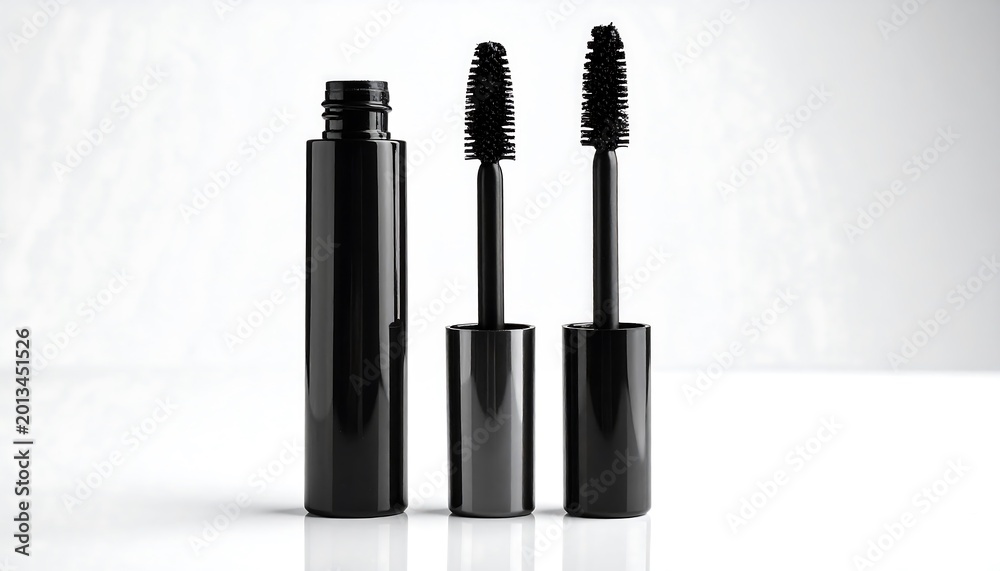 Obraz premium Black mascara tubes and wands displayed.