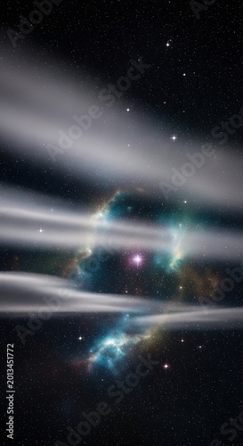Colorful Glowing Nebula Shining Behind Soft Cosmic Dust Clouds in Deep Space