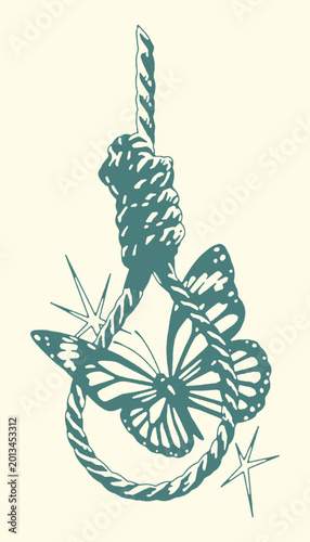 Slika na platnu Stylized drawing of a noose with a butterfly and thorns overcoming adversity inn