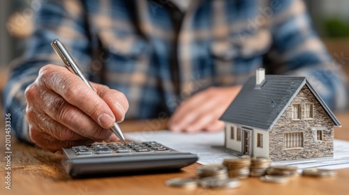 Senior using calculator and model home for financial planning and budgeting for real estate