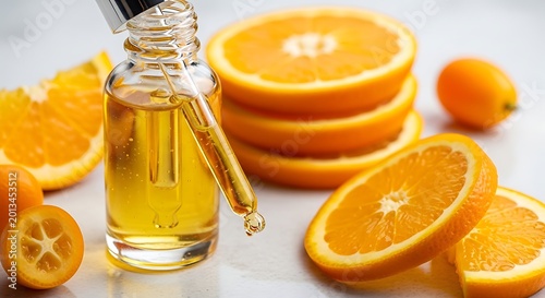 Golden Citrus Essential Oil Dropper Bottle with Fresh Orange Slices on White Surface