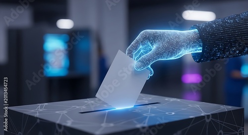 Glowing Digital Hand Placing Ballot in Futuristic Voting Box