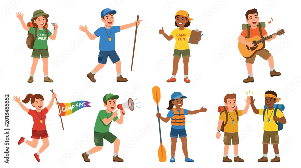 Fototapeta premium Diverse group of happy children participating in various outdoor summer camp activities and fun games