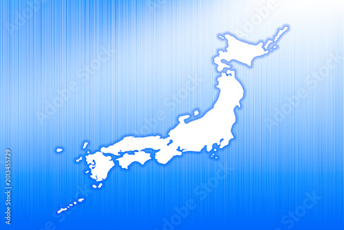 繊細な白い縦縞ヘアラインの入った青色グラデーション背景に白抜き日本地図が浮かぶイメージテクスチャー