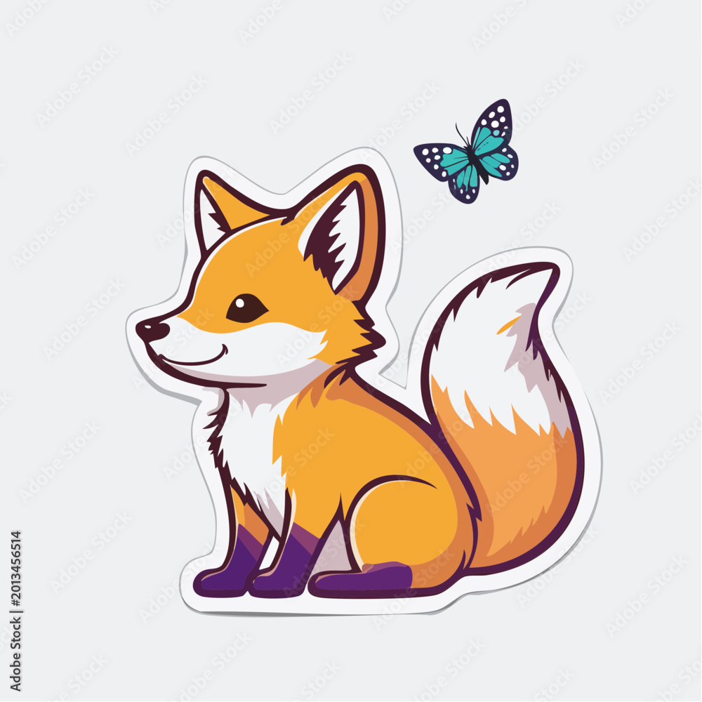 Obraz premium Cute Cartoon Fox Sitting with a Butterfly
