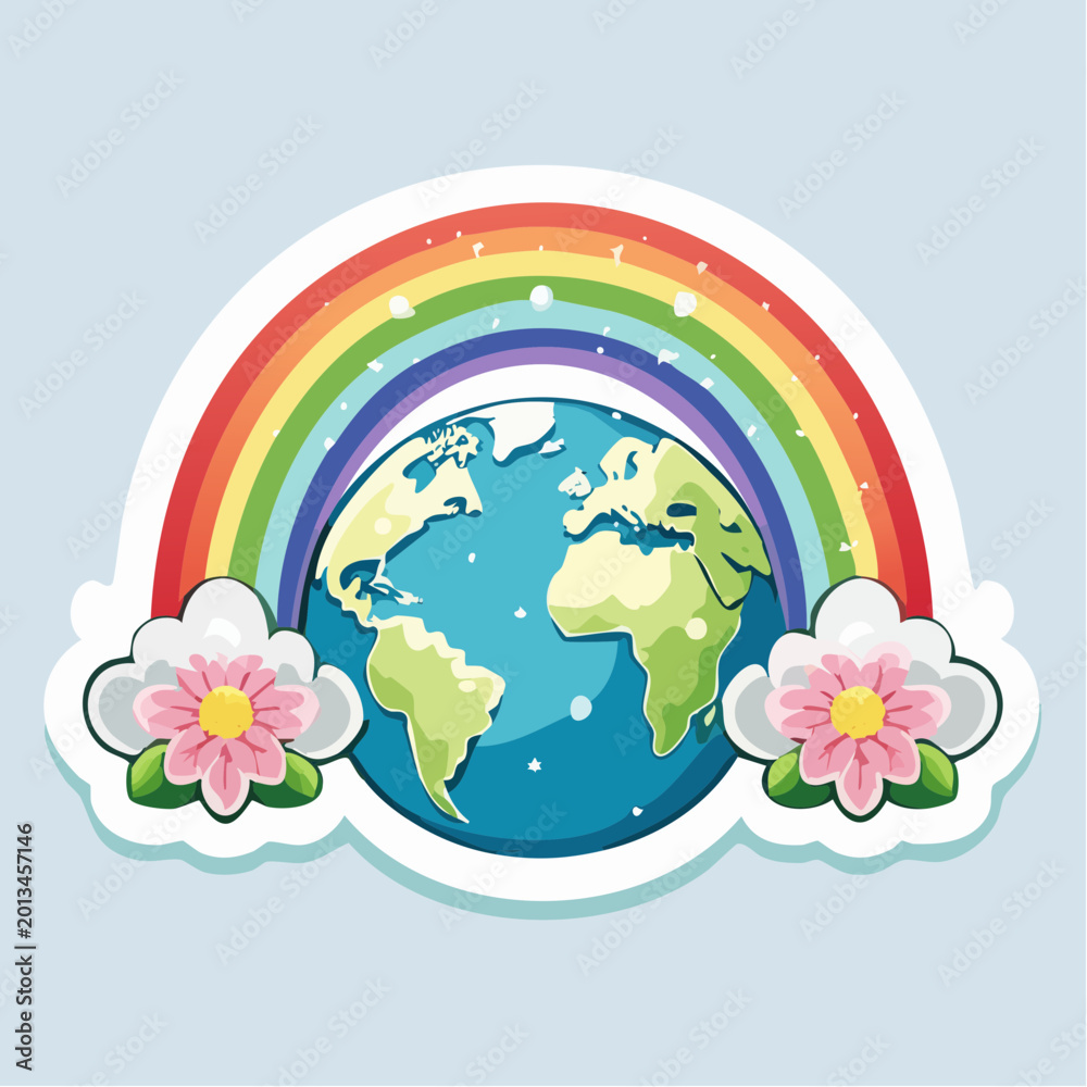 Naklejka premium Earth with Rainbow and Flowers