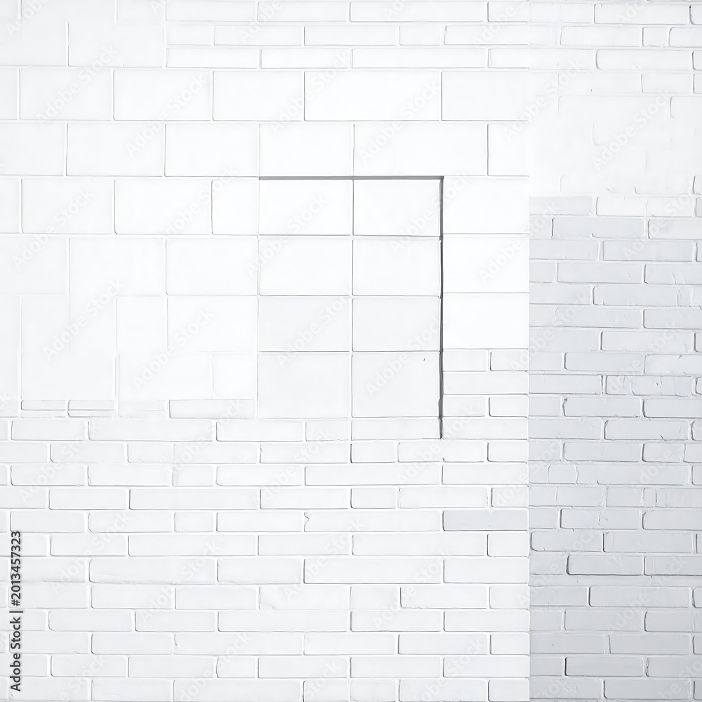 Fototapeta premium Minimalist White Brick Wall Background With Recessed Rectangular Niche And Varied Masonry Patterns Clean Lines And High Key Architectural Lighting